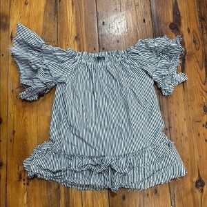 Zara Woman Premium Denim Collection Grey White Striped Ruffle Blouse size medium